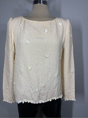 Cream Sequin Flower-Embellished Long Sleeve Top